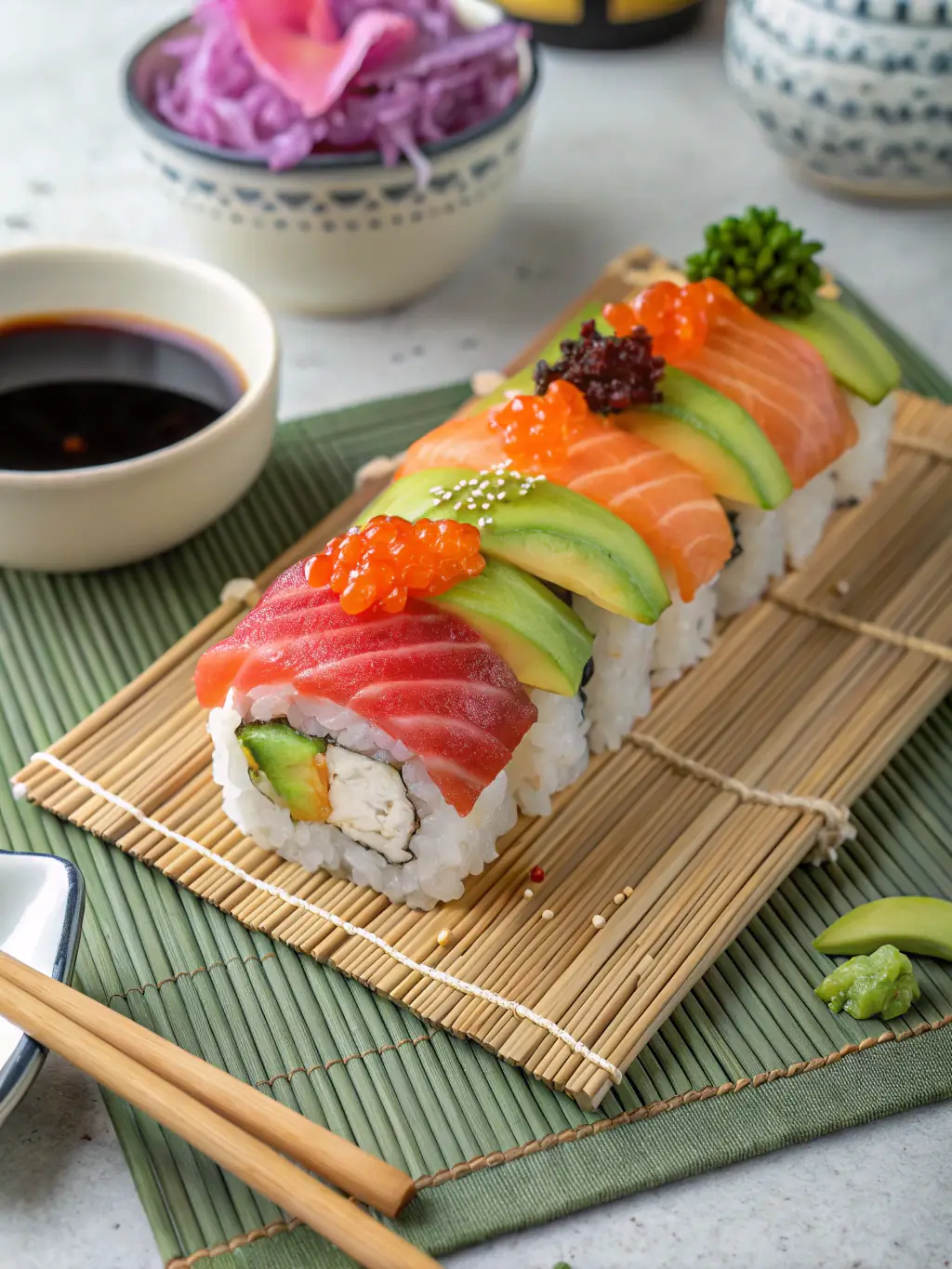 A plate featuring a California Roll with visible crab meat, avocado, and cucumber, garnished with sesame seeds and a small dab of wasabi, set against a summery background.